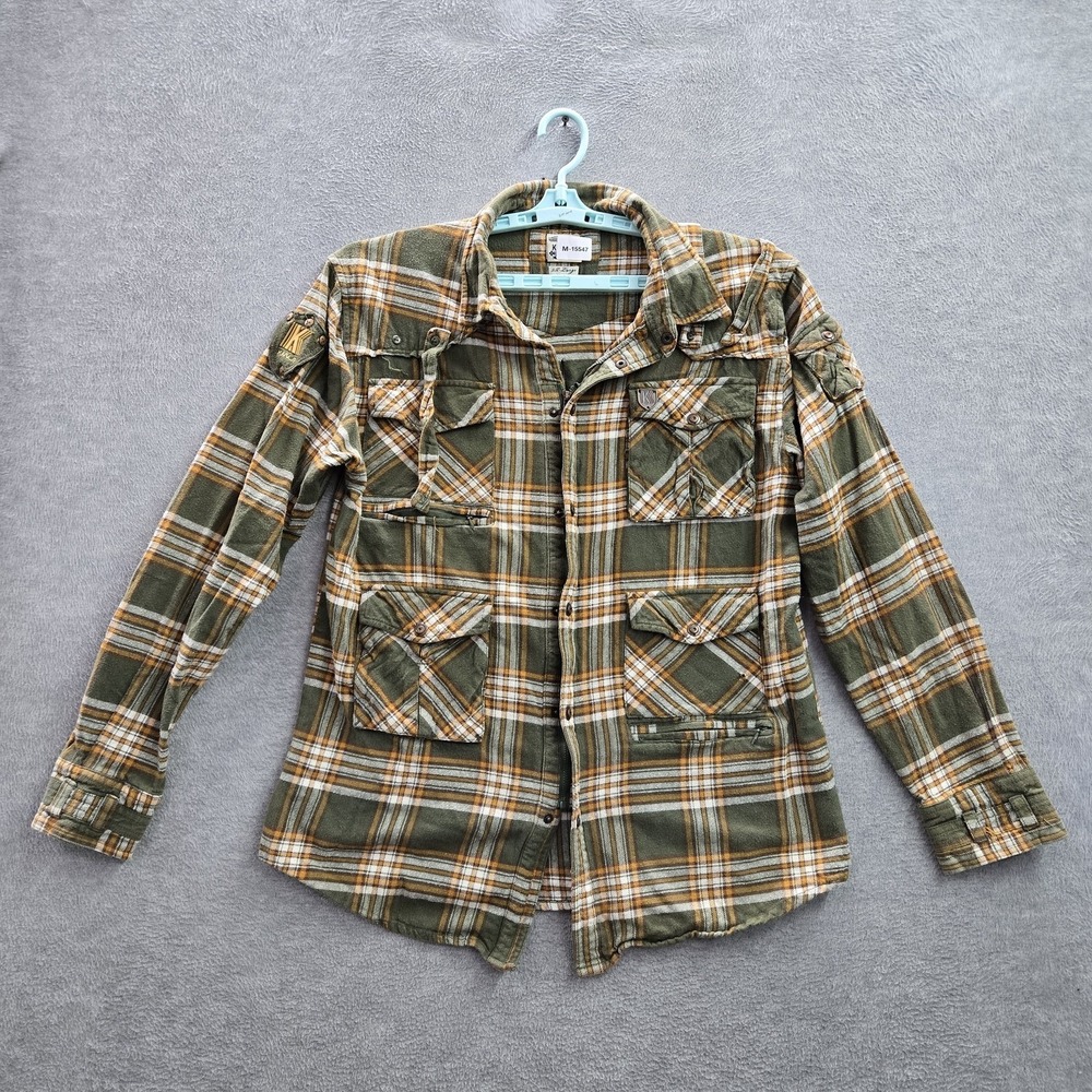 Kanji Men Button Up Shirt 2X-LARGE Green Plaid Flannel Utility Safari